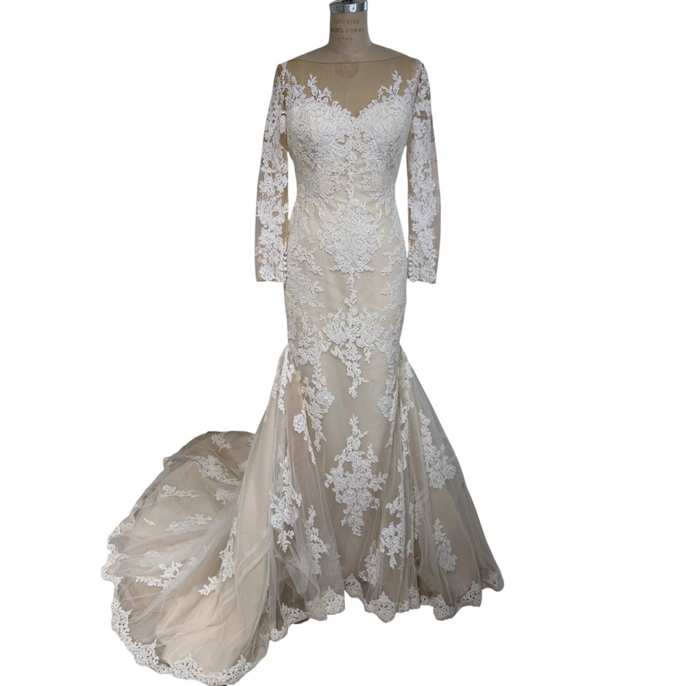 Pronovias Barcelona Lace Mermaid Wedding Dress Illusion Neck Long Sleeve Size 10